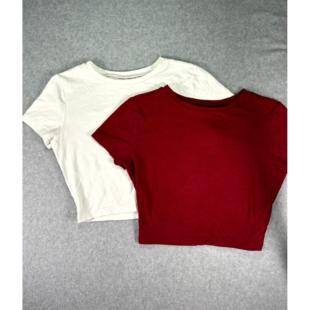 Wild Fable Cropped T Shirt Womens Small Red White Crew Neck Cap Sleeves Lot Of 2